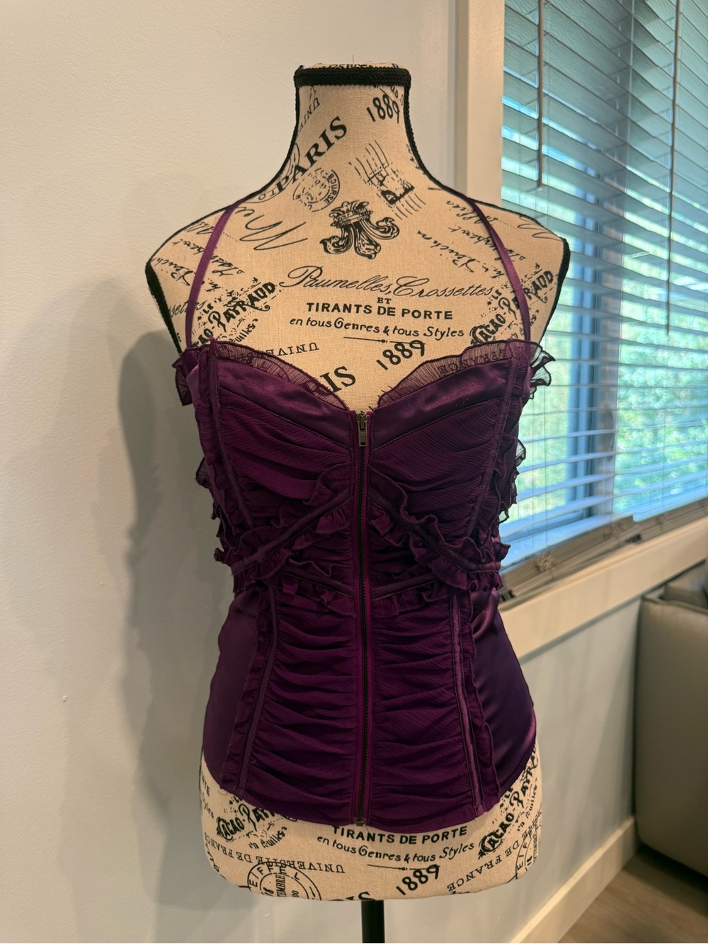 bebe Purple Ruched Bustier Camisole with Front Zip